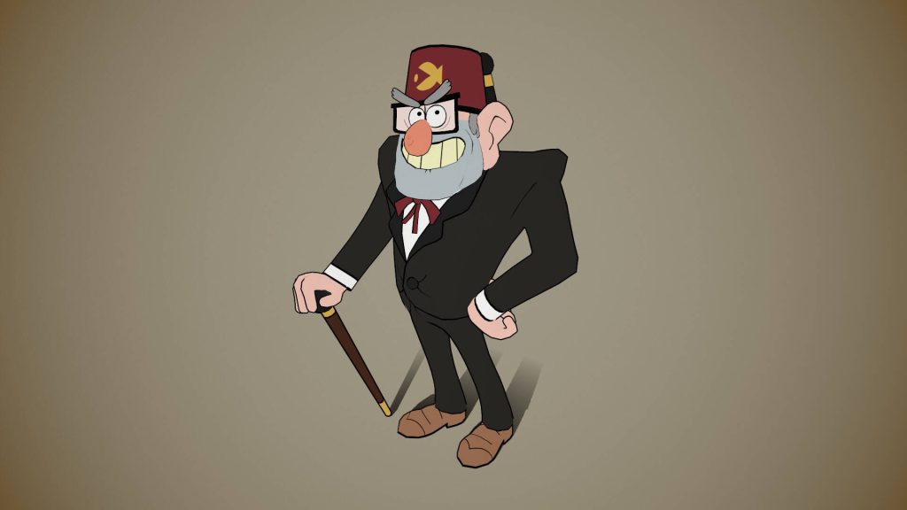 Digital illustration of Grunkle Stan from Gravity Falls with maroon fez and cane on grey background Wallpaper