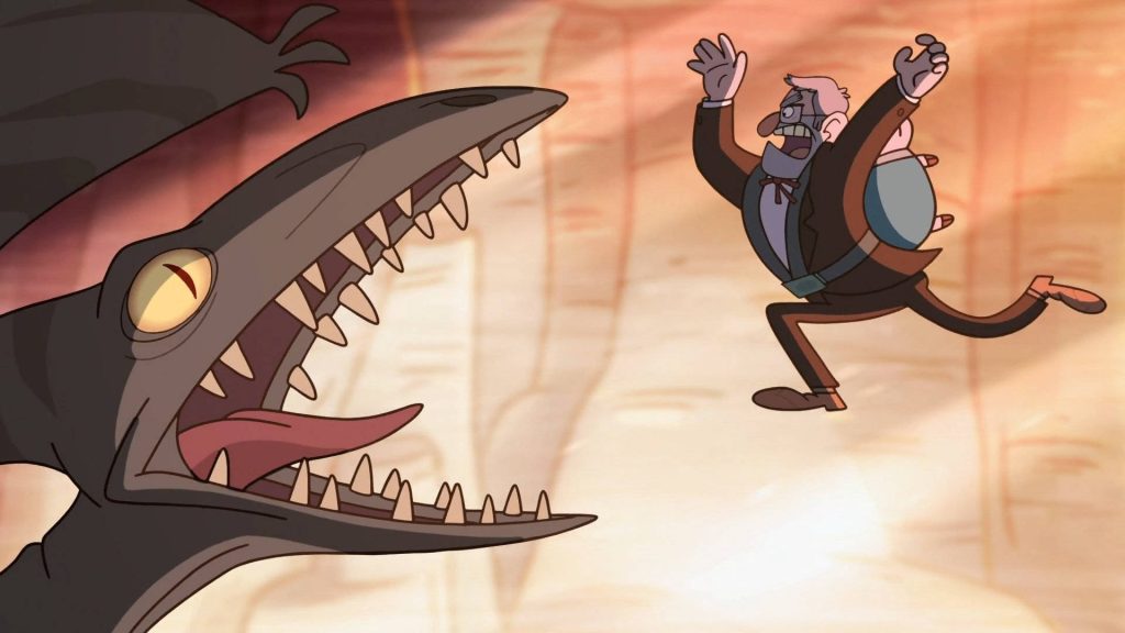 Grunkle Stan fleeing menacing pterodactyl in vibrant Gravity Falls desert wallpaper background
