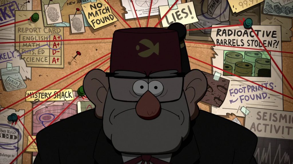 Grunkle Stan in fez stands before chaotic investigation wall with clues and red strings Gravity Falls Wallpaper