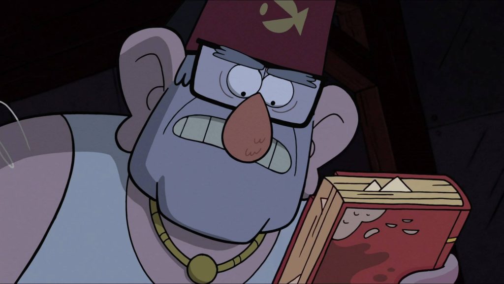 Grunkle Stan reading red journal in dim light Gravity Falls wallpaper supernatural cartoon art