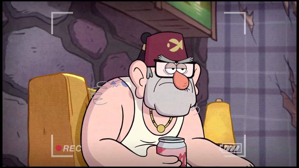 Grunkle Stan relaxing on yellow sofa in maroon fez tank top animated Gravity Falls wallpaper