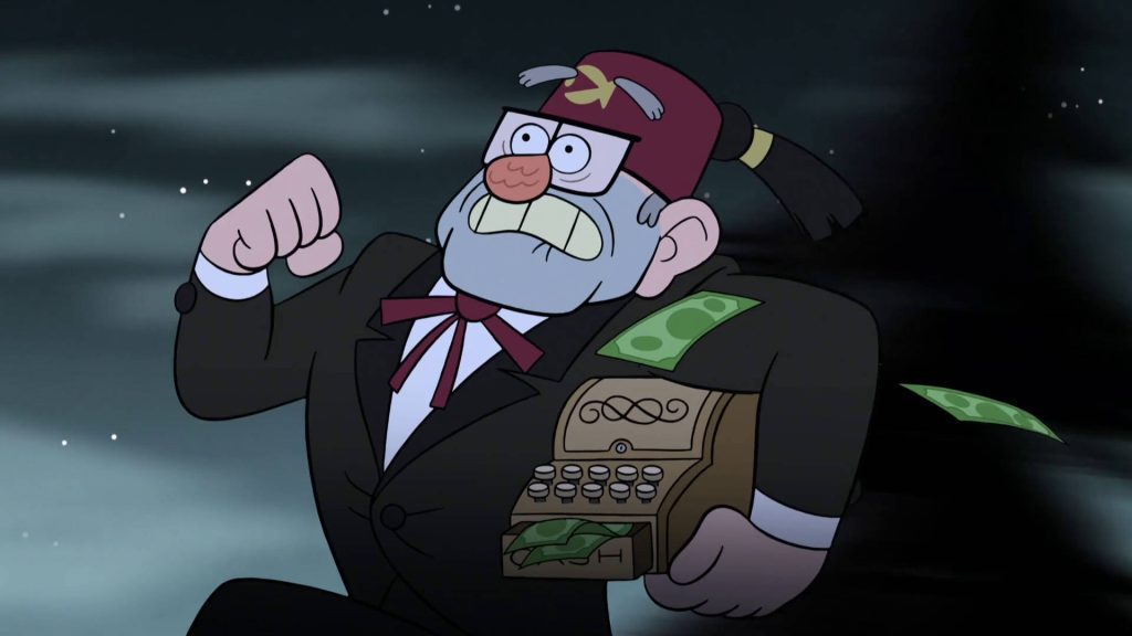 Gravity Falls wallpaper Grunkle Stan running with vintage cash register dark chaotic scene