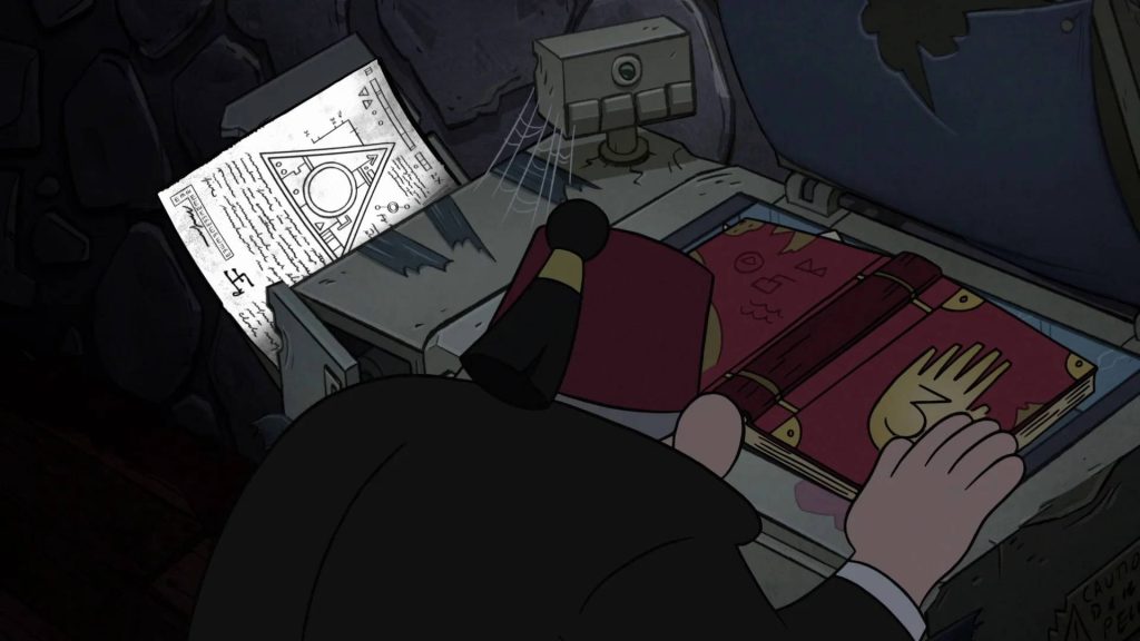 Grunkle Stan scans mysterious Journal 3 in secret Gravity Falls lab with Bill Cipher diagram wallpaper