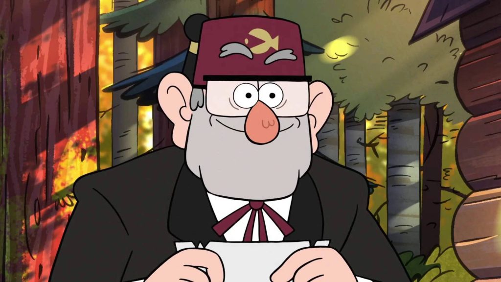 Grunkle Stan in burgundy fez and suit holding note in sunlit lush Gravity Falls forest wallpaper
