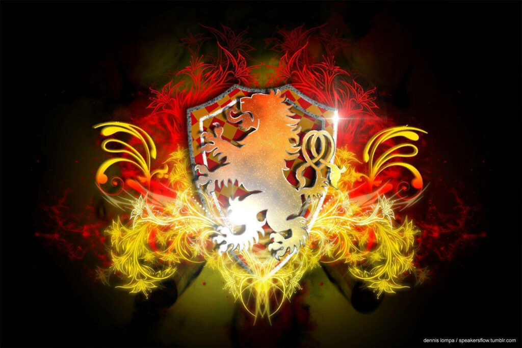 Artistic Gryffindor Crest wallpaper with bold lion vibrant red gold flames and swirling patterns