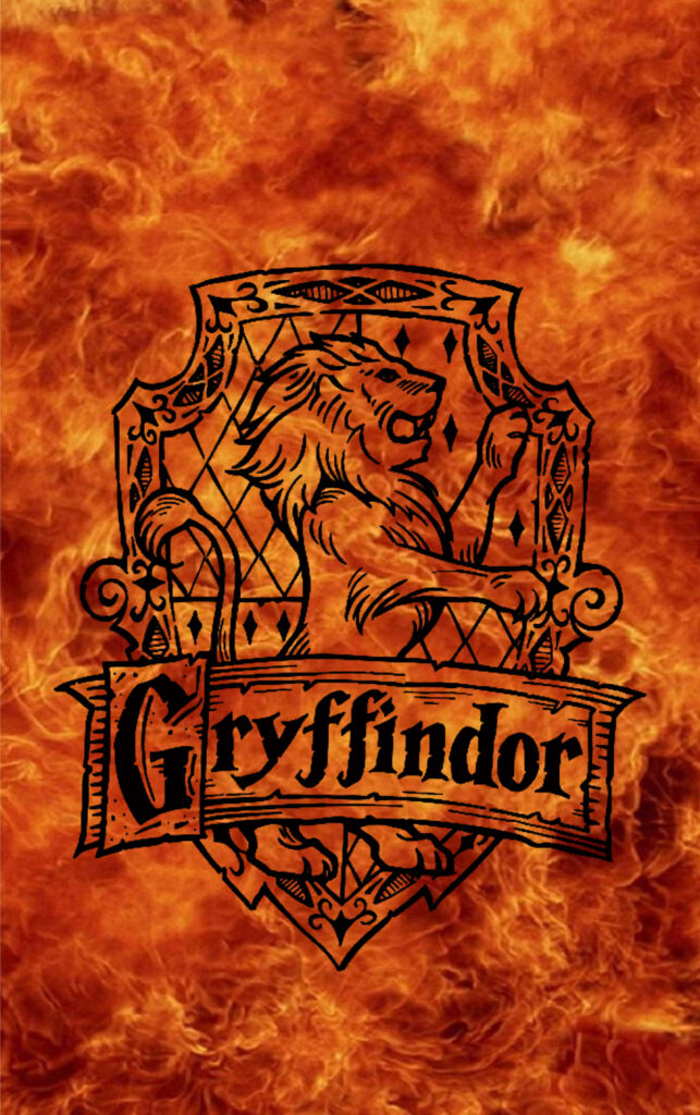 Gryffindor Crest SVG wallpaper with vivid flaming background symbolizing courage and strength