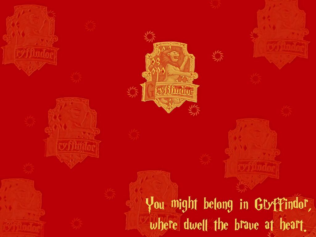 Gryffindor crest wallpaper with bold bravery quote golden text on deep red background courage theme