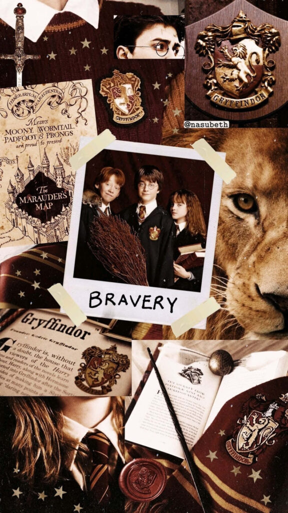 Gryffindor Harry Potter wallpaper with crest Marauders Map and portraits of Harry Ron Hermione bravery