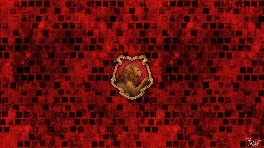 Gryffindor lion crest centered on textured red wallpaper showcasing Hogwarts house bravery spirit