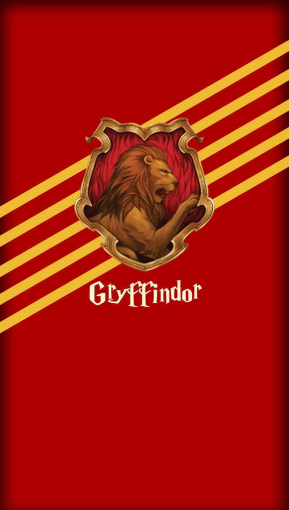 Gryffindor House crest with bold lion on red background and gold diagonal stripes wallpaper