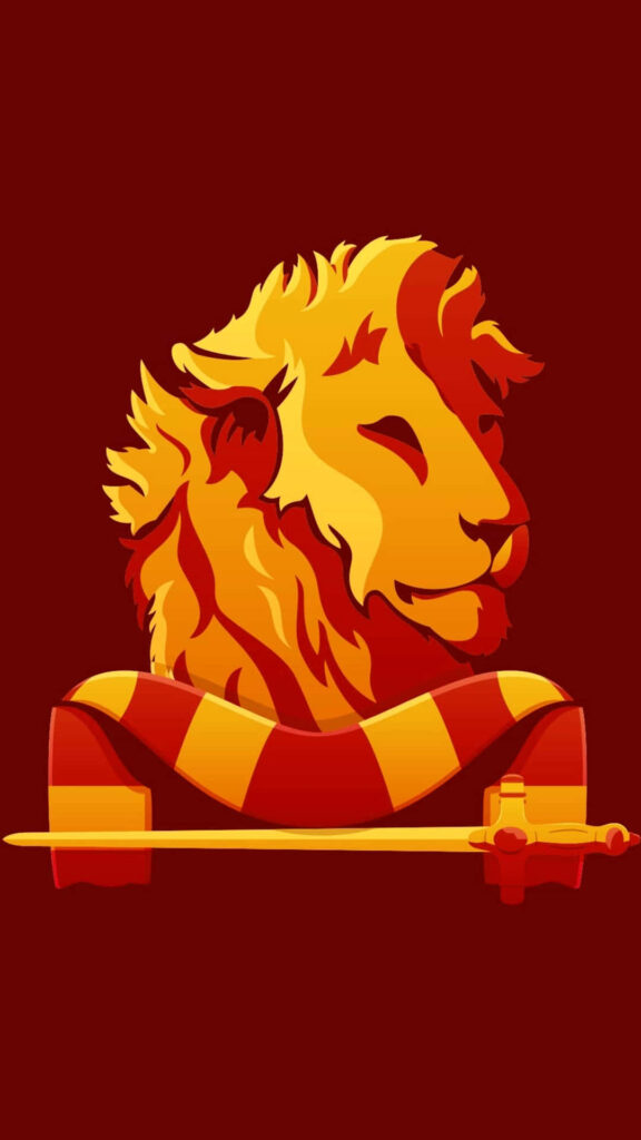 Bold Gryffindor Lion Crest wallpaper with fiery gold lion head red scarf sword on maroon background