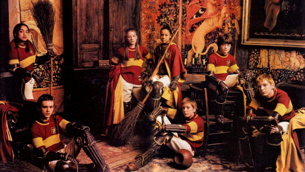 Gryffindor Quidditch Team in red and gold uniforms ready for match Harry Potter wallpaper background