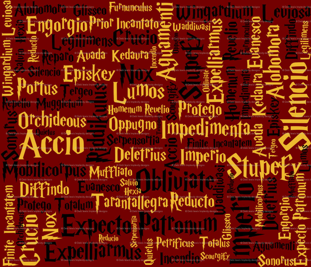 Gryffindor house spell names collage wallpaper red and gold Harry Potter magical background