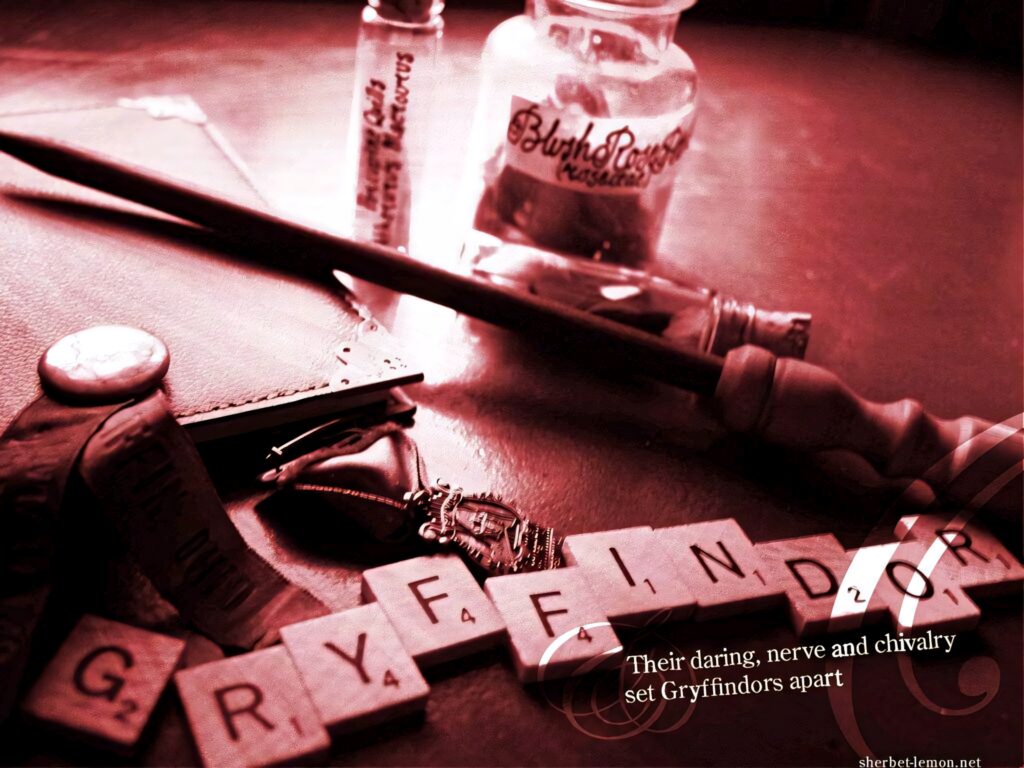 Gryffindor wizard accessories with wand potion bottles notebook time-turner red background wallpaper