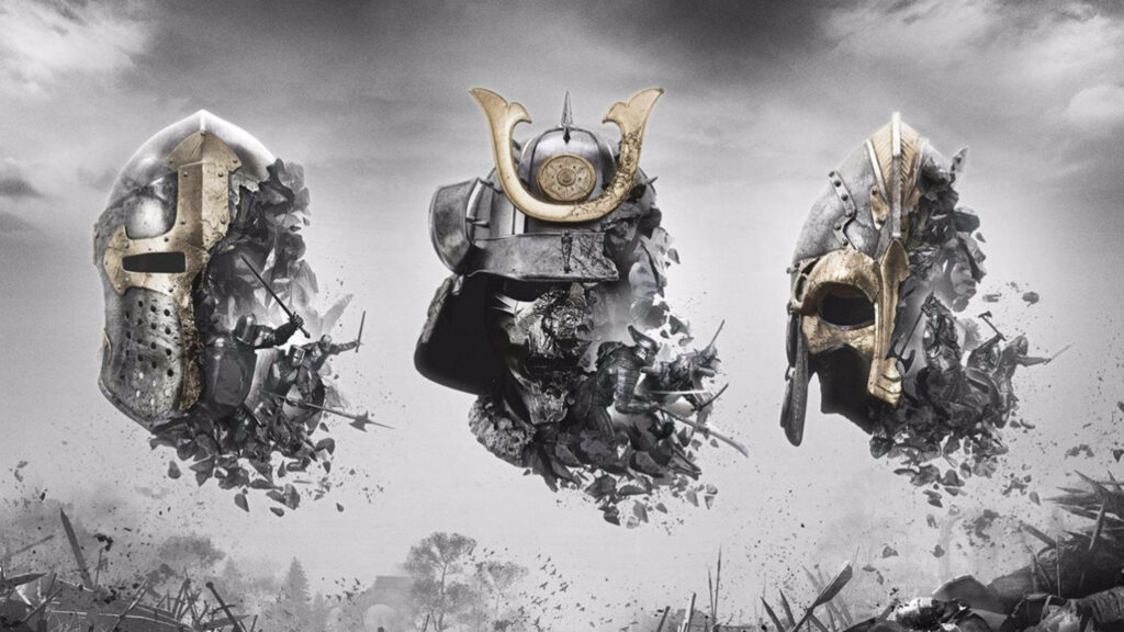 For Honor Wallpaper: Knights, Vikings, & Samurai helmets in dramatic combat scene