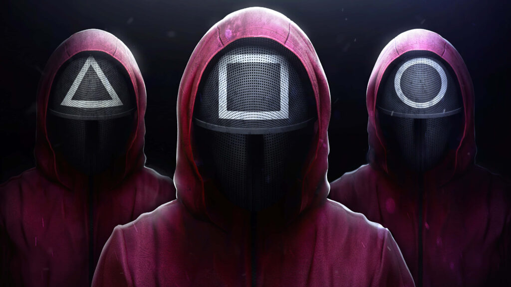 Squid Game digital art with three guards in pink jumpsuits and iconic triangle square circle masks Wallpaper