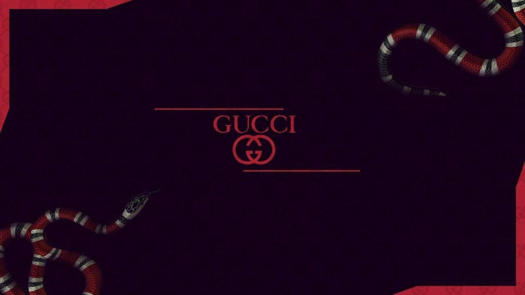 Gucci wallpaper with interlocking logo and red black Kingsnake frame on dark background