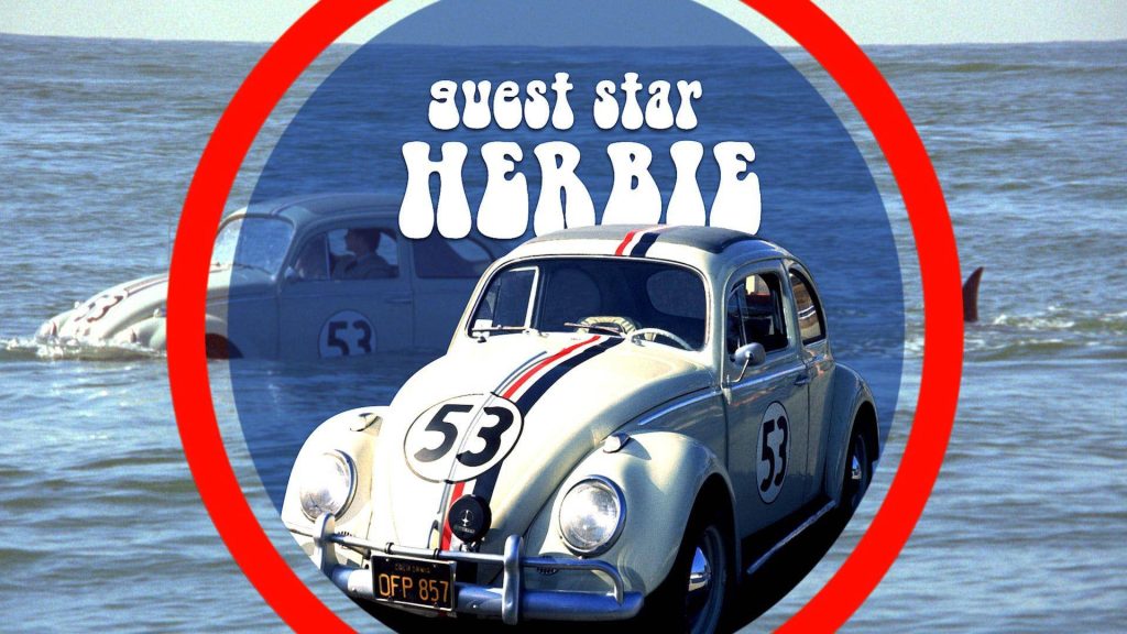 Guest Star Herbie Love Bug white Volkswagen Beetle number 53 racing ocean wallpaper background