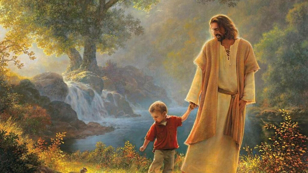 Jesus' Embrace for Children Shown in Serene Wallpaper Guided by Love: Jesus and Child Embrace in Riverside Wallpaper