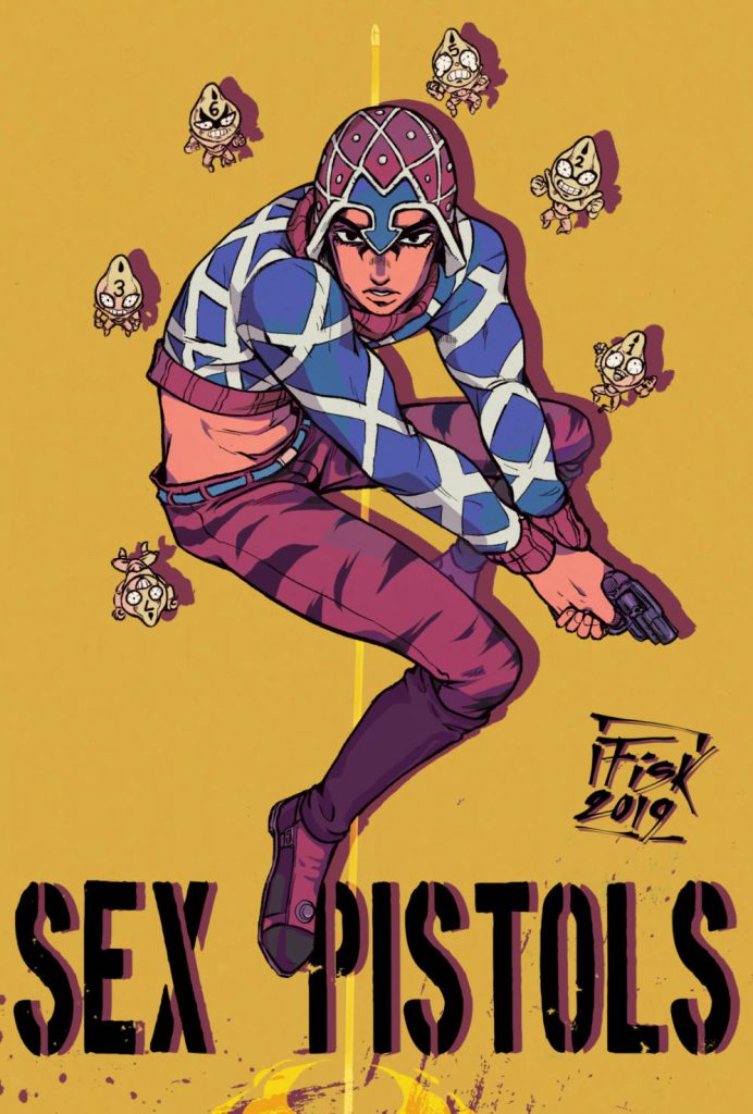 Guido Mista crouching with revolver and Sex Pistols Stand on vibrant yellow background wallpaper