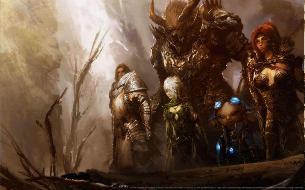 Tyria Protectors: Guild Wars 2 Dynamic Wallpaper of Diverse Heroes