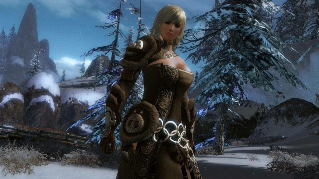 Strong Female Character in Ornate Armor | Guild Wars 2 Snowy Landscape Wallpaper