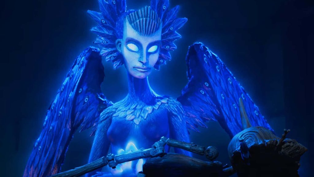Blue-winged Wood Sprite glowing over wooden Pinocchio puppet stop-motion fantasy wallpaper