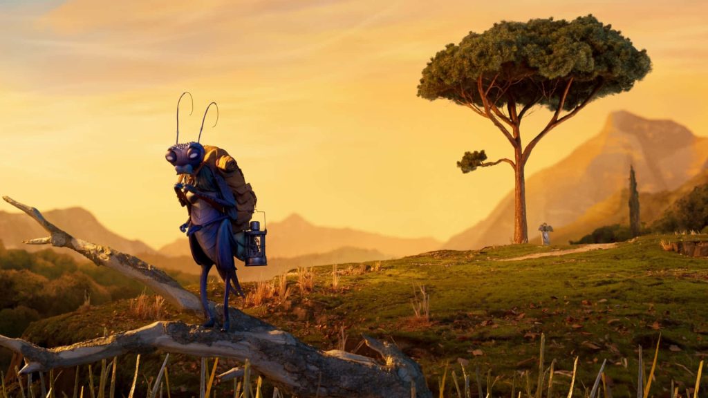 Sebastian J Cricket holding lantern in detailed Pinocchio 3D stop motion golden hour landscape Wallpaper