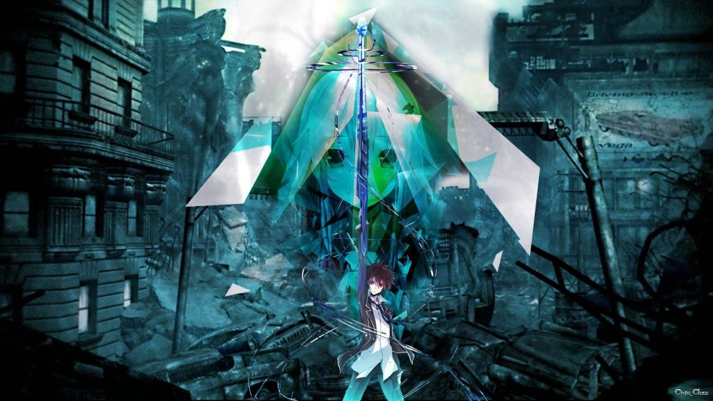 Guilty Crown anime wallpaper Shu Ouma with glowing sword and Inori Yuzuriha in dark ruins