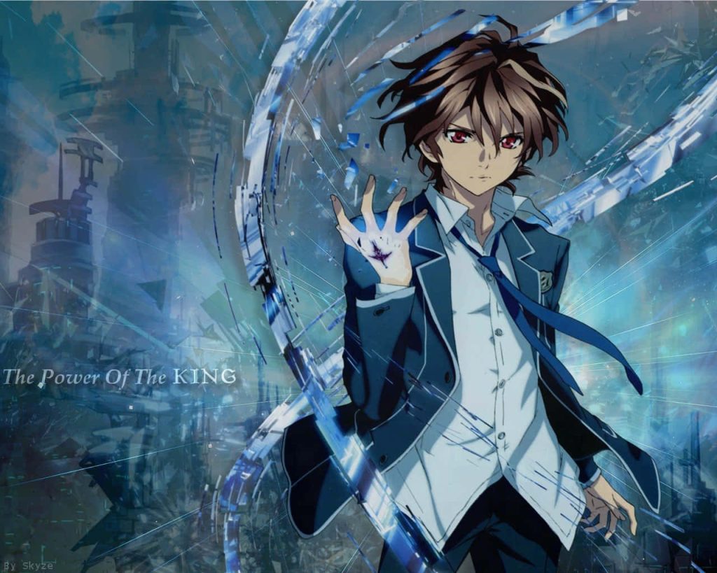 Shu Ouma in school uniform with glowing Void Genome mark on futuristic blue Guilty Crown wallpaper