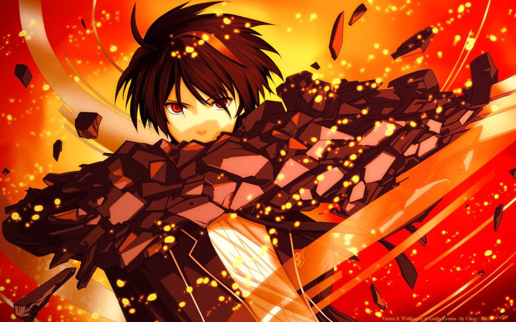 Guilty Crown anime wallpaper Shuu Ouma fiery energy explosive debris dynamic background