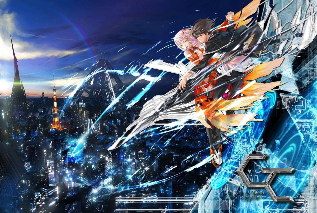 Guilty Crown anime wallpaper Shuu Ouma Inori Tokyo neon cityscape blue light effects background