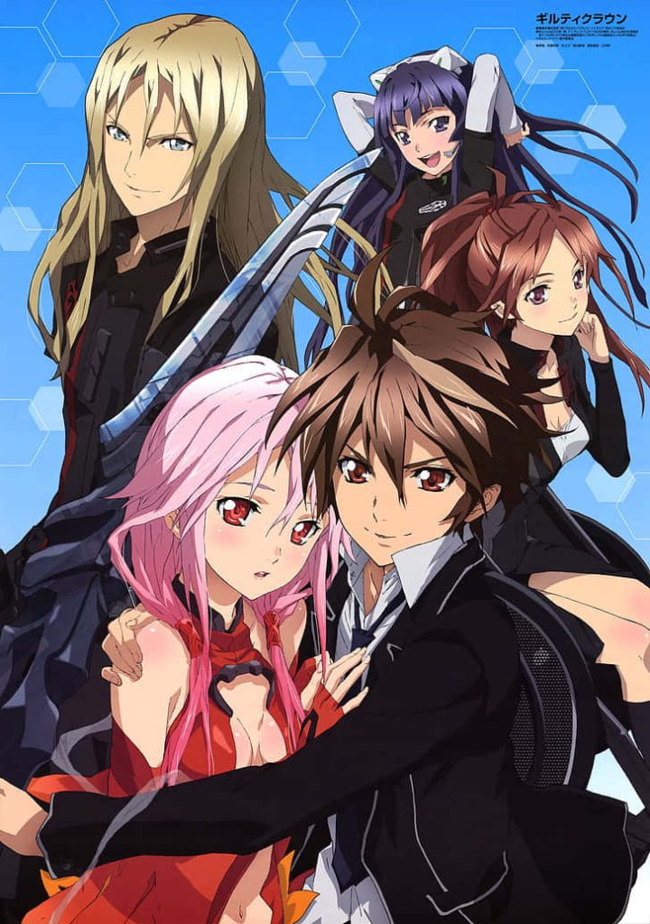 Guilty Crown anime wallpaper with Shu Ouma Inori Yuzuriha Gai Tsutsugami blue hex pattern background