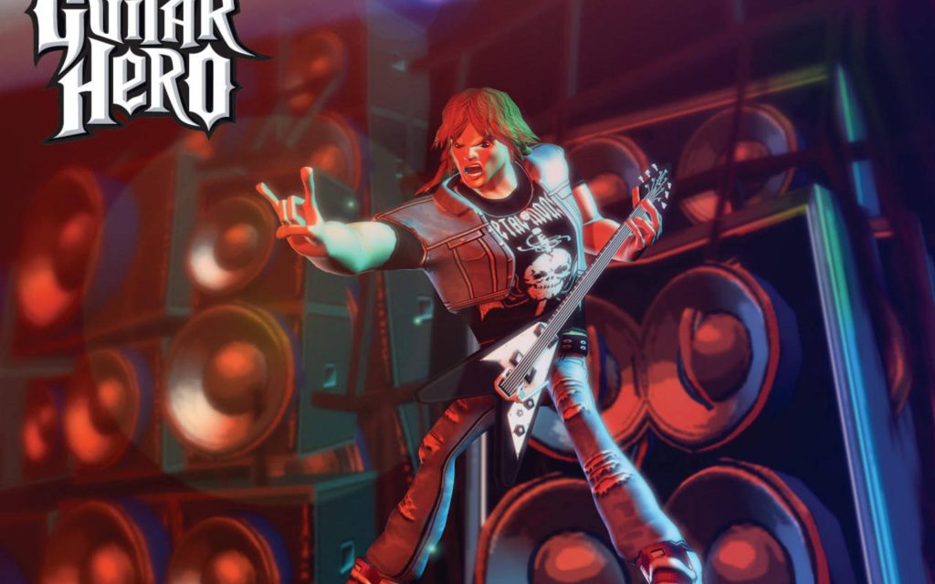 Guitar Hero 3D wallpaper of rocker shredding on white Flying V guitar with red blue stage lights