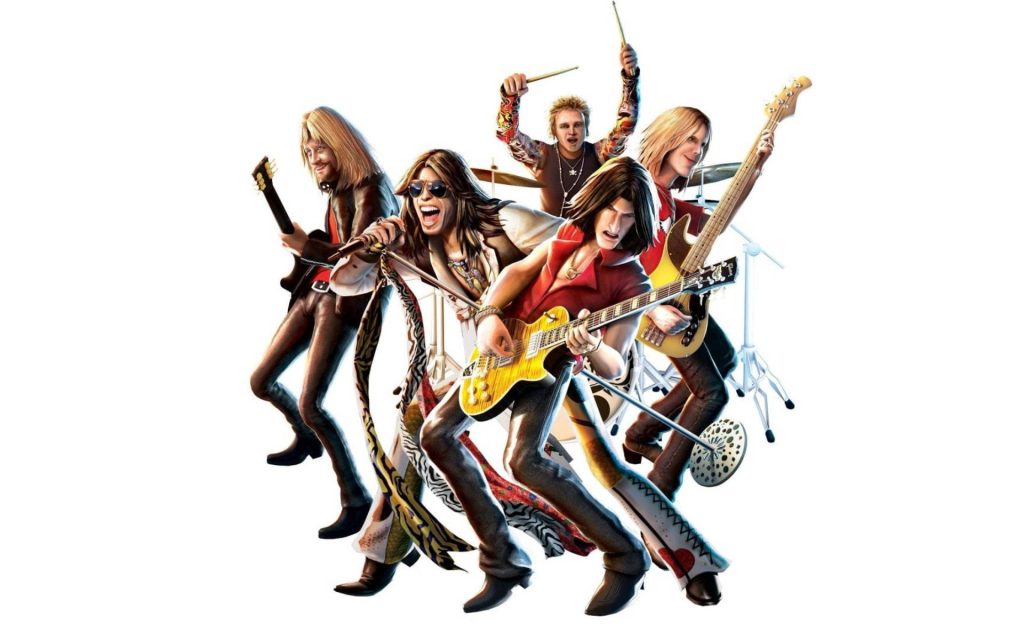 Guitar Hero Aerosmith 3D CGI wallpaper featuring Steven Tyler and band in dynamic rock pose