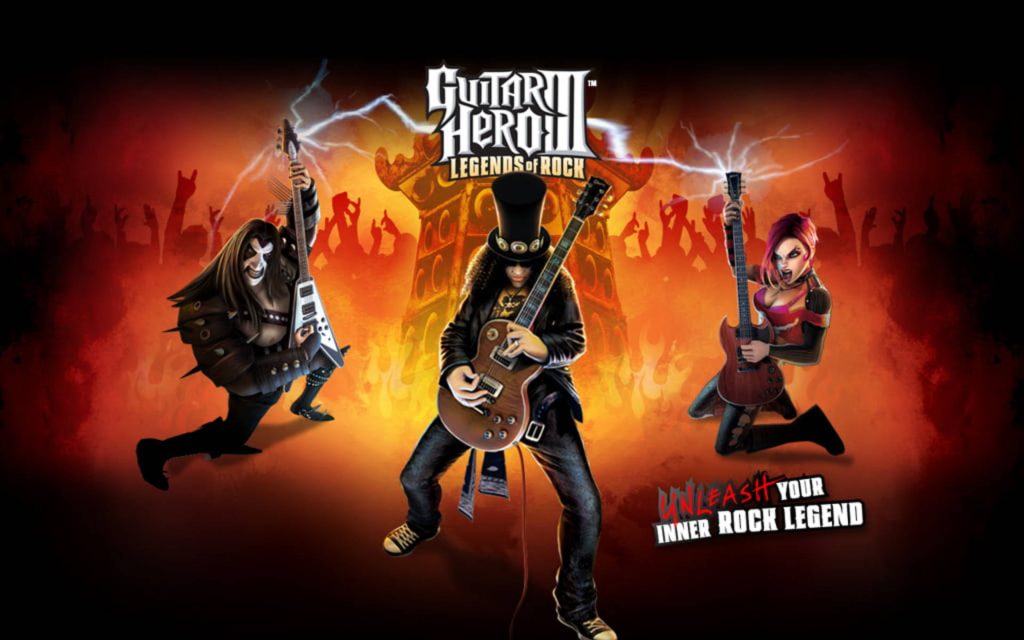 Guitar Hero III wallpaper featuring Slash and rockers on fiery stage with electric concert lights