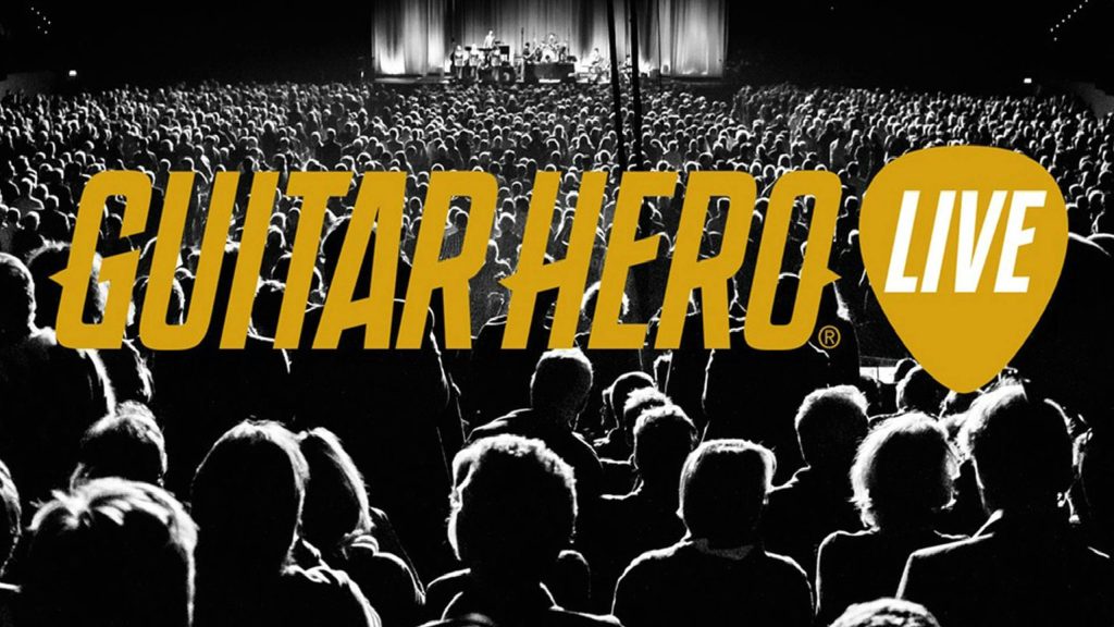 First-person view of black and white concert crowd with bold yellow Guitar Hero Live logo wallpaper