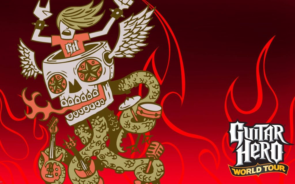 Guitar Hero World Tour wallpaper with multi-armed rocker and red flame skull background