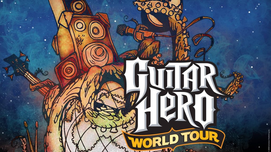 Guitar Hero World Tour wallpaper with tentacled musician guitars drums speakers cosmic background
