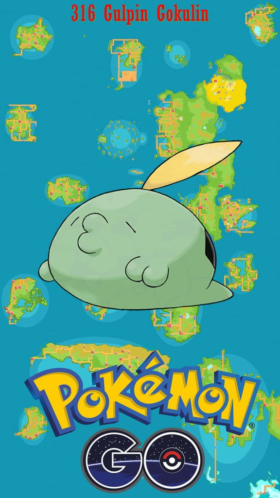 Gulpin Pokémon digital wallpaper with vibrant blue regional map background and Pokémon GO logo