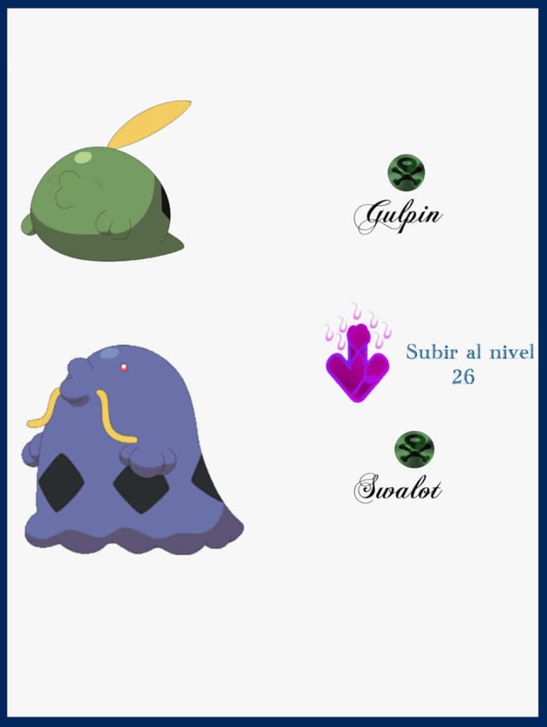 Poison-type Pokémon Gulpin evolving into Swalot level 26 digital educational wallpaper