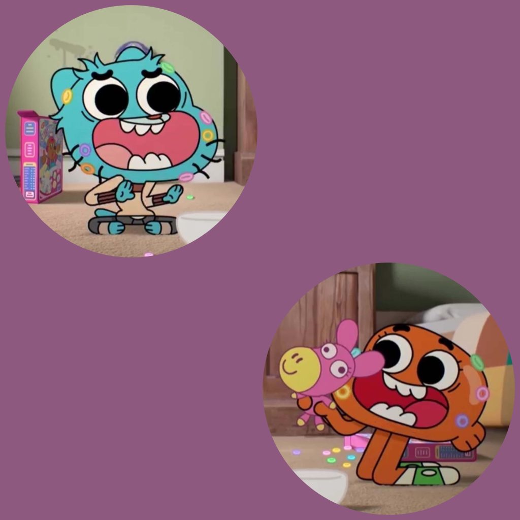 Matching profile pictures of Gumball and Darwin amid colorful flying cereal loops purple background Wallpaper