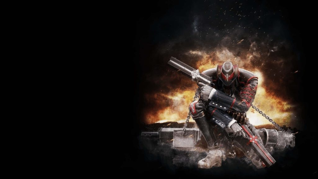 Gungrave Beyond the Grave kneeling with Cerberus guns amid fiery explosion intense wallpaper