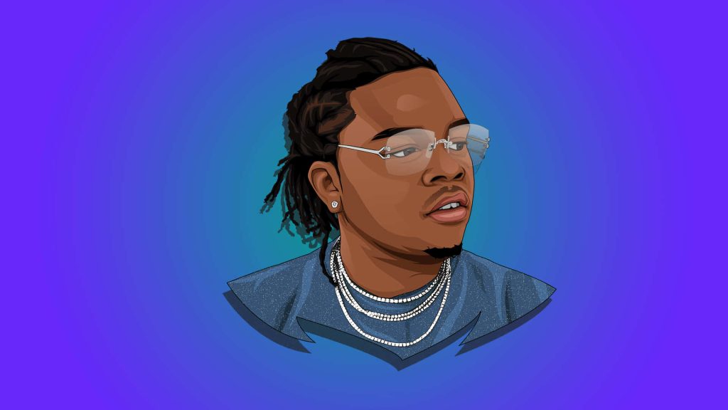 Digital art wallpaper of rapper Gunna with clear glasses diamond chains purple gradient background