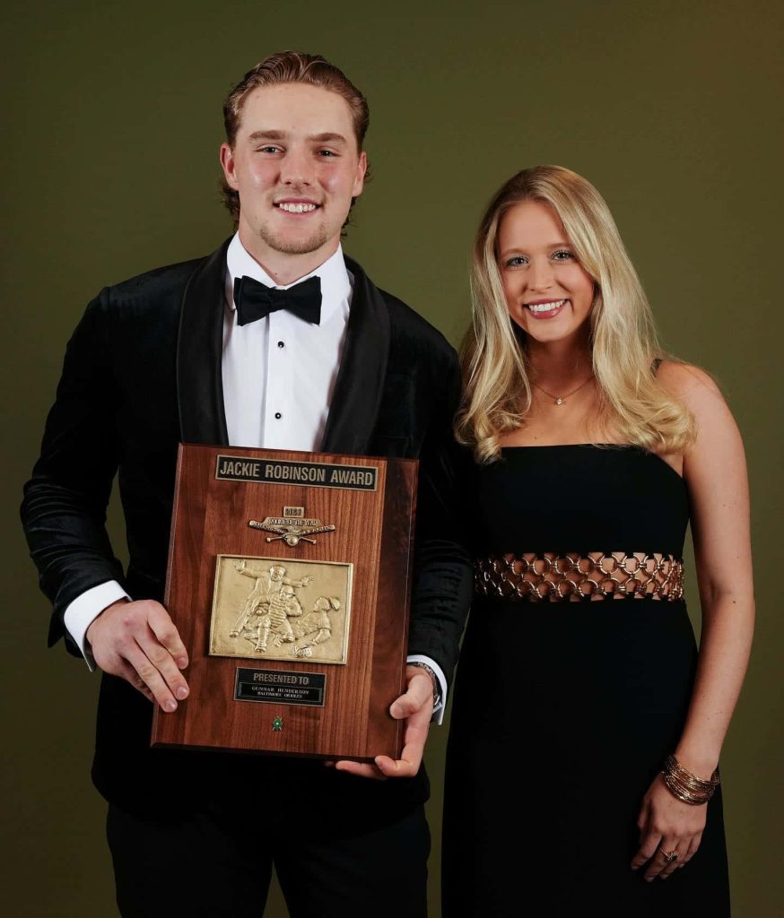 Baltimore Orioles Gunnar Henderson in tuxedo holding 2023 AL Rookie of the Year Jackie Robinson Award Wallpaper