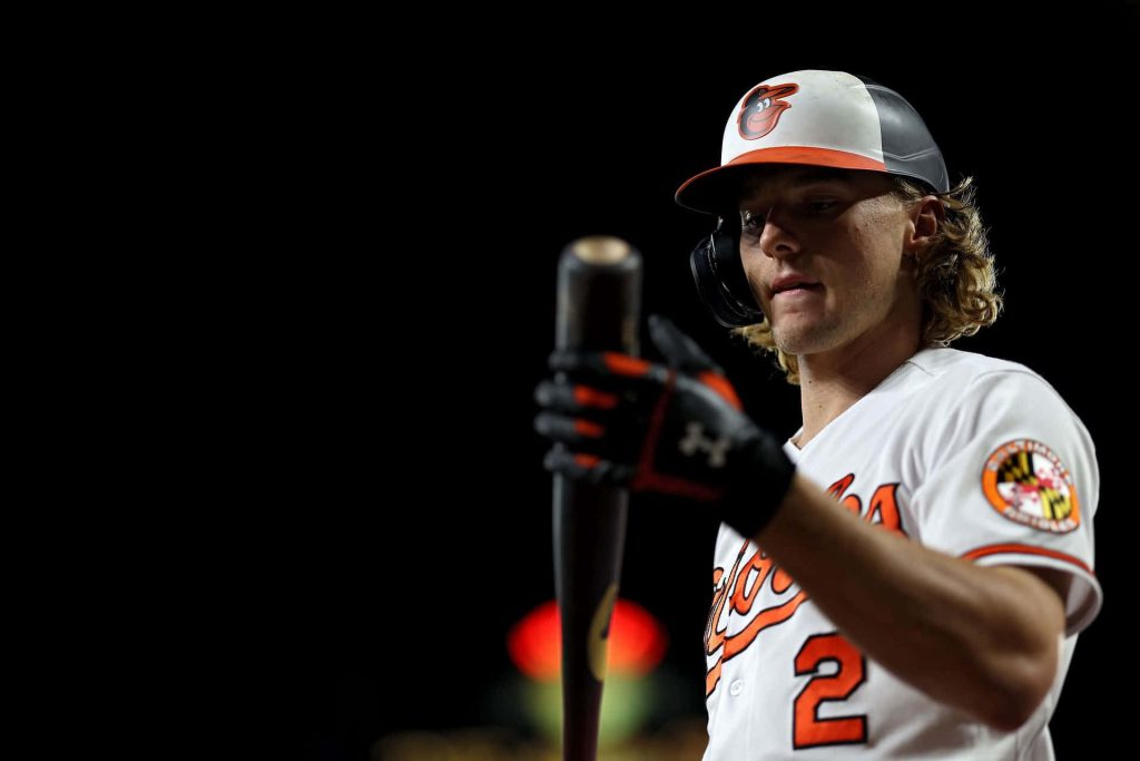 Gunnar Henderson Baltimore Orioles focused at-bat dark stadium intense baseball wallpaper background