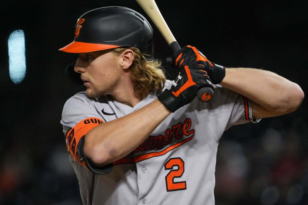 Baltimore Orioles shortstop Gunnar Henderson at bat night game action shot wallpaper background