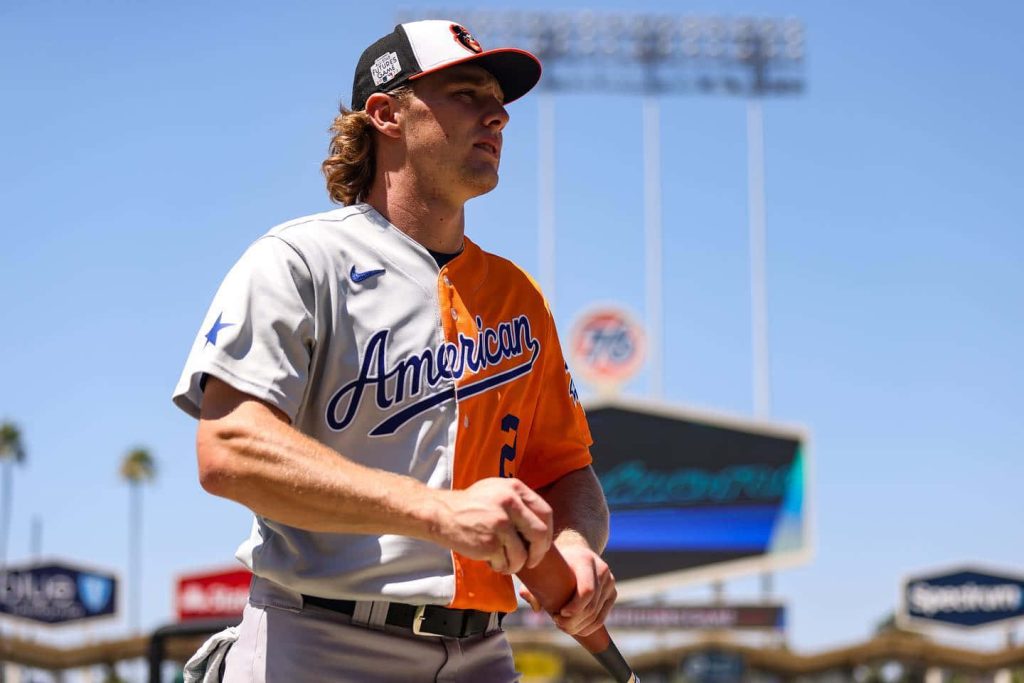 Baltimore Orioles Gunnar Henderson at MLB Futures Game sunny stadium bat ready wallpaper