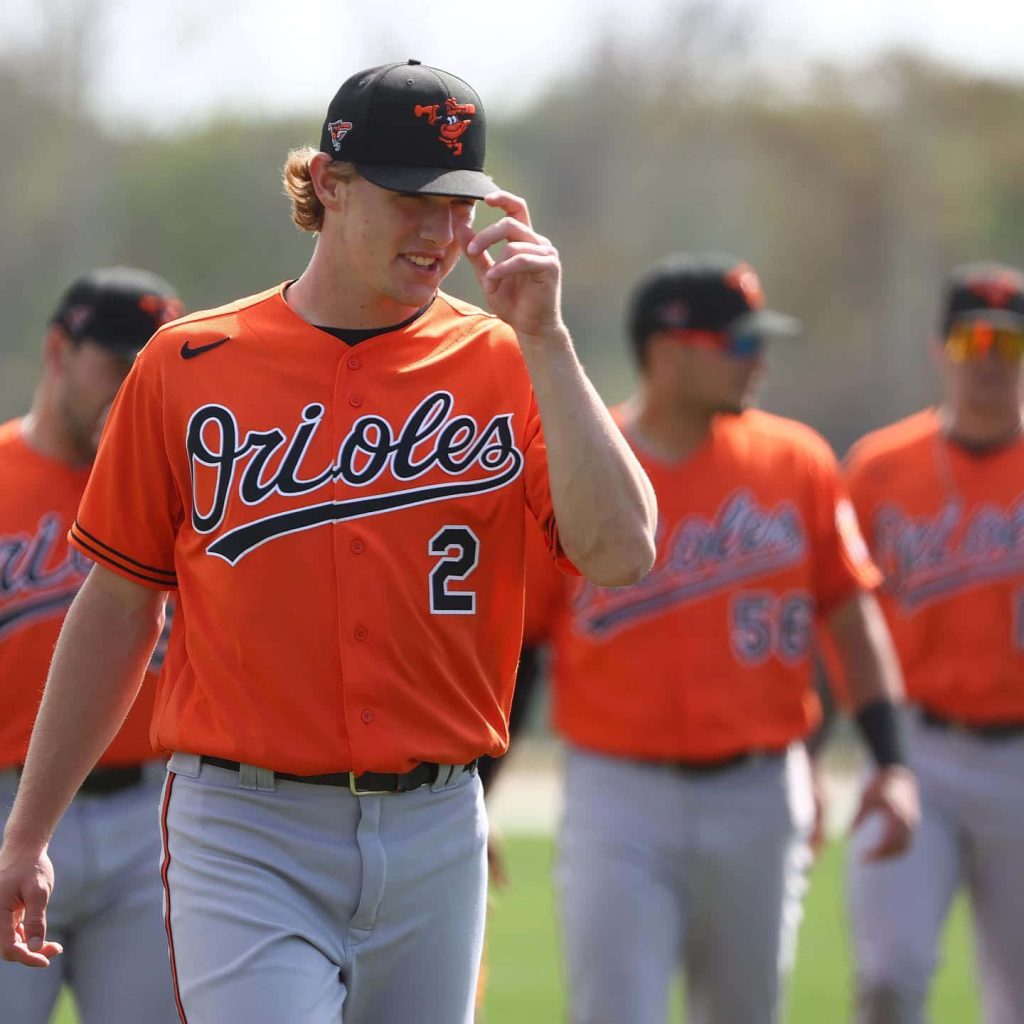 Baltimore Orioles Gunnar Henderson walking off field in orange jersey adjusting cap wallpaper