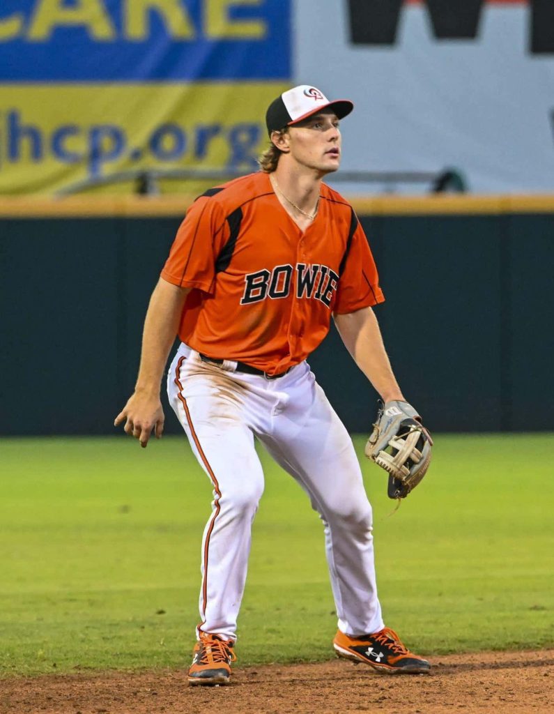 Gunnar Henderson in orange jersey fielding for Bowie Baysox intense infield baseball action wallpaper